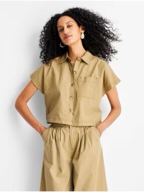 Future Collective Khaki Cropped Boxy Button Up Top